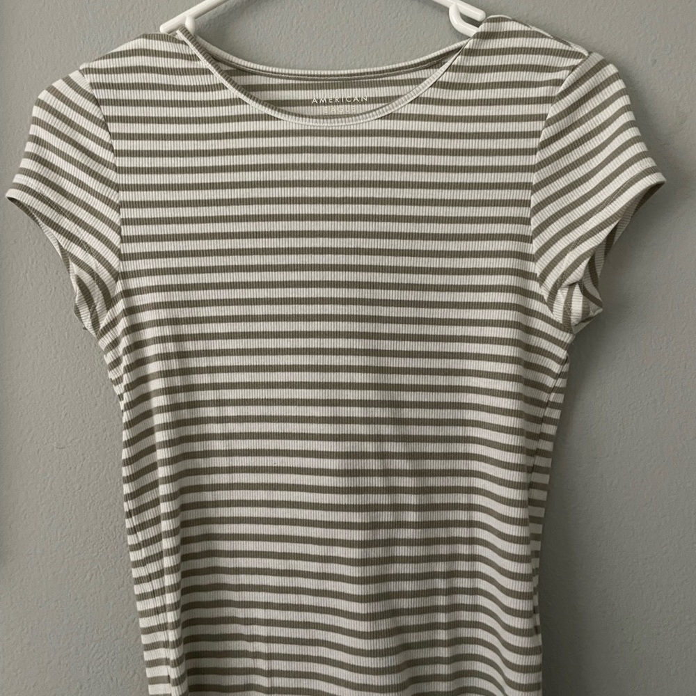 American Eagle Outfitters Olive and White Striped Tee